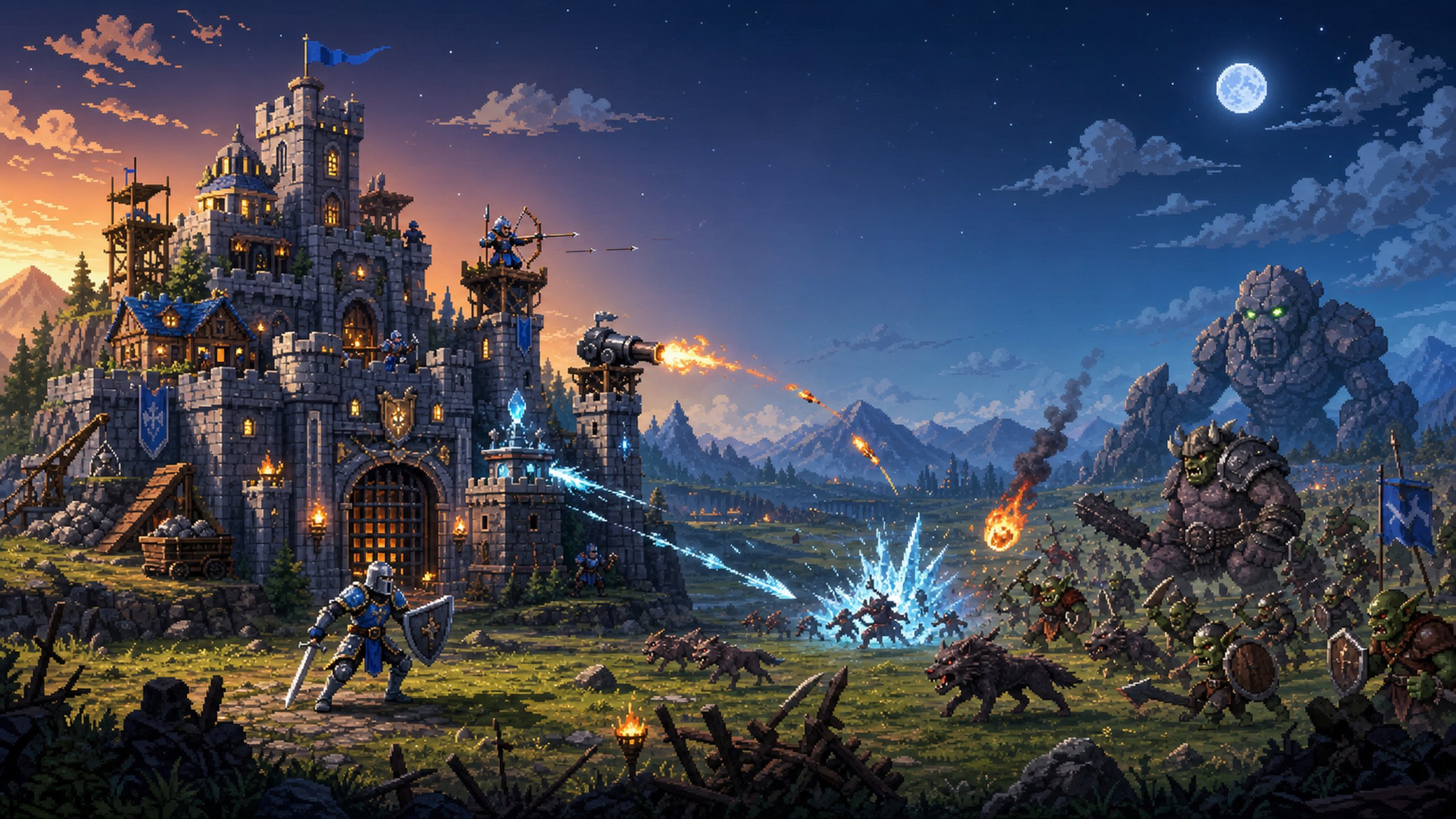 Castle Defender key art — a moonlit stone castle firing cannons and frost magic at a horde of orcs, wolves and a stone golem